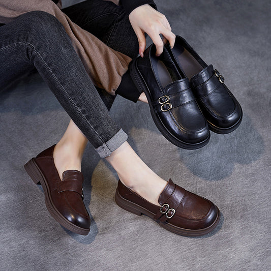 Women's Color First Layer Cowhide Pumps Retro British Style Low Soft Loafers