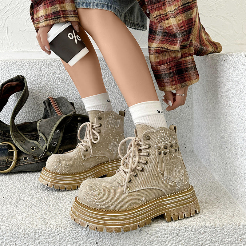 Women's Thick Bottom Increased Worker Short British Women's Leather Boots