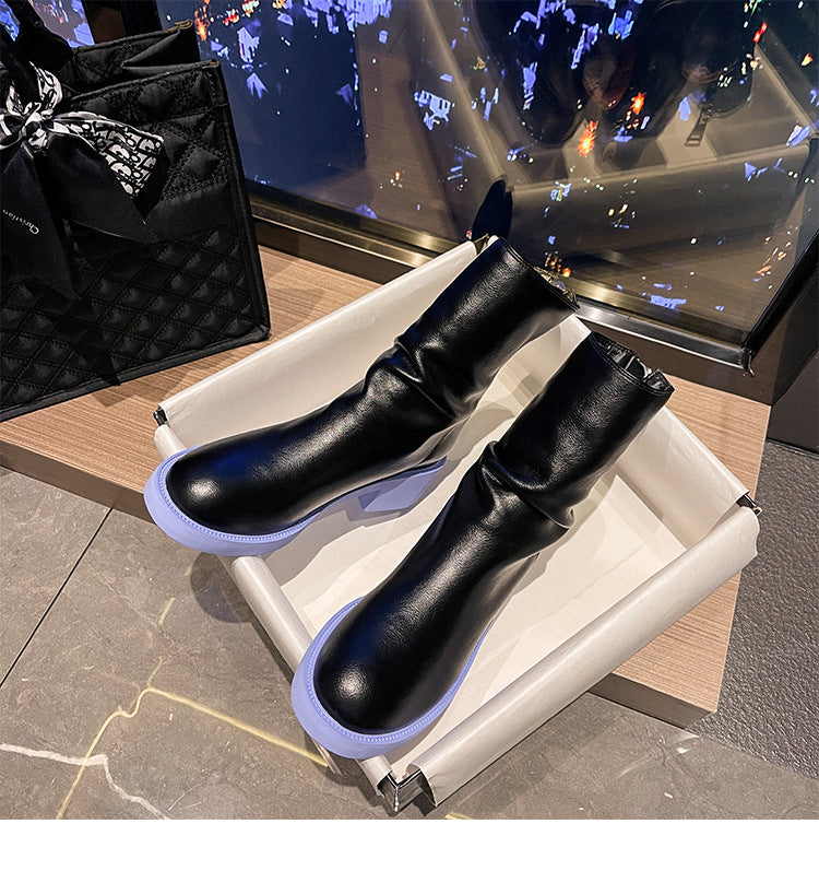 Chunky Knight Height Increasing Insole Skinny Back Zipper Contrast Boots