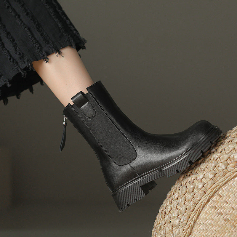 Women's Large Size Platform Ankle Chelsea Women's Leather Boots