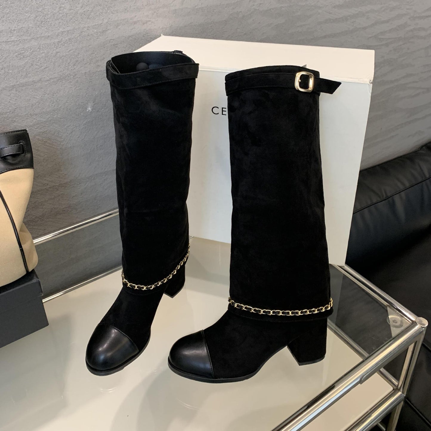 Long Female Thick Autumn Color Matching Tall Knight Slimming Straight Women's Leather Boots