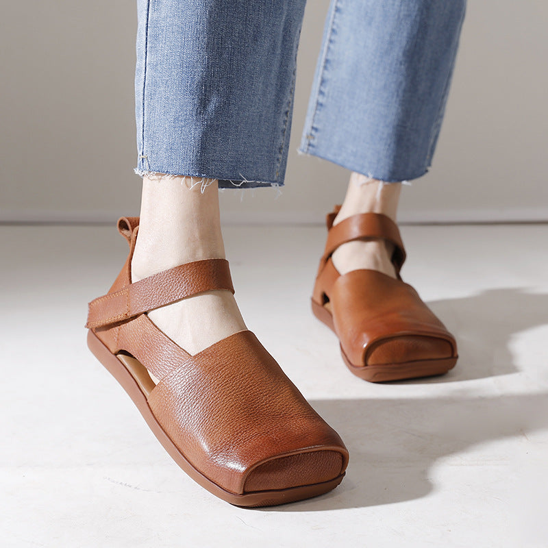 Women's Square Toe Soft Bottom Retro Genuine Flat Sandals