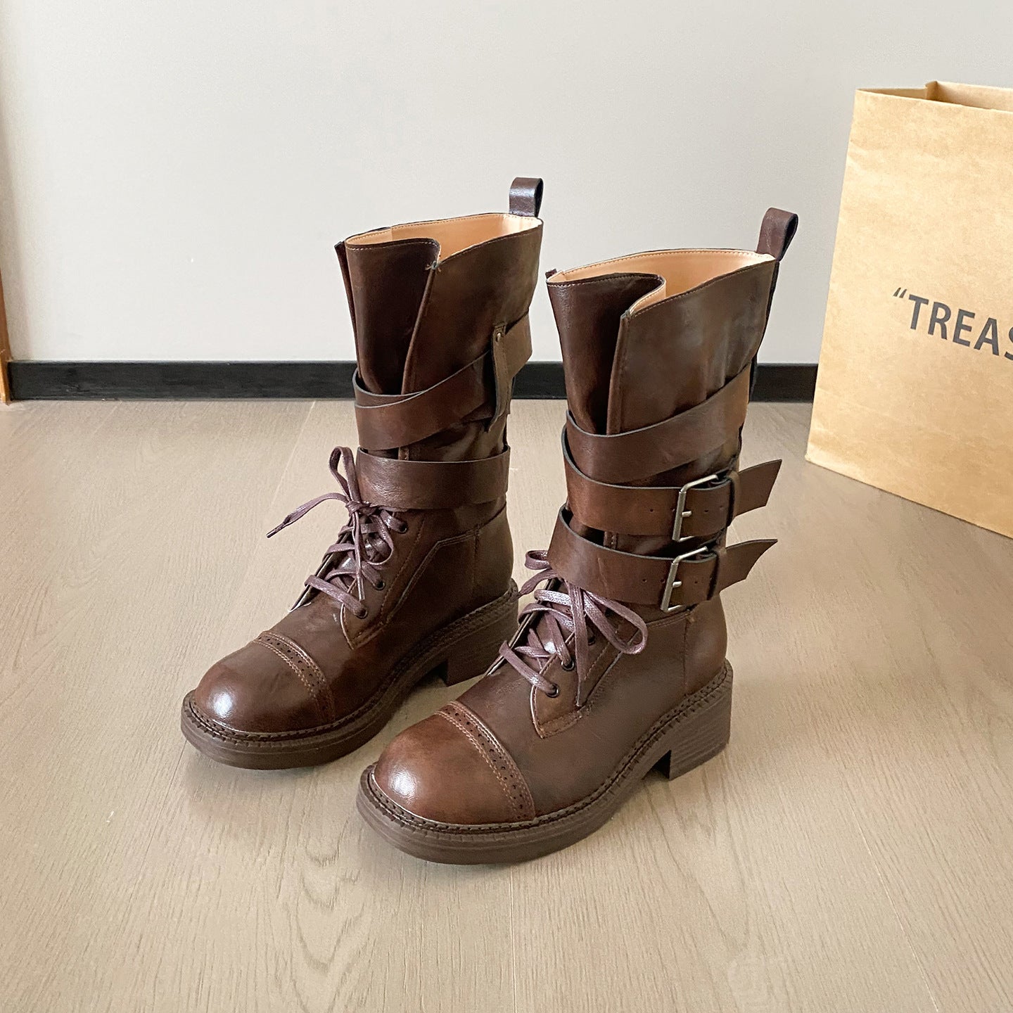 Women's Retro British Style Martin For Summer Chunky Belt Buckle Booties Women's Leather Boots