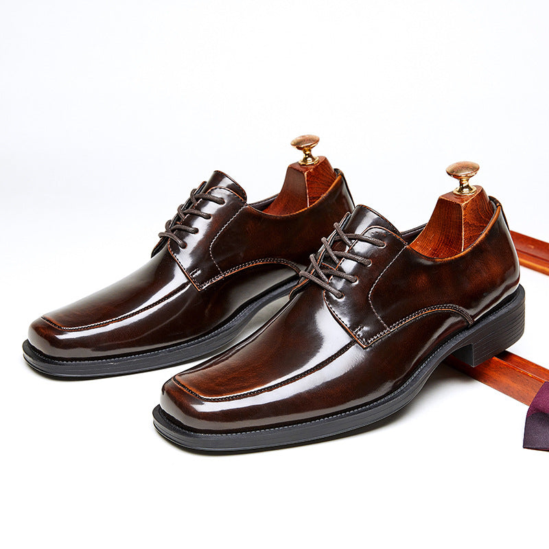Men's Square Toe Glossy High-grade Paint Formal Wear British Derby Leather Shoes