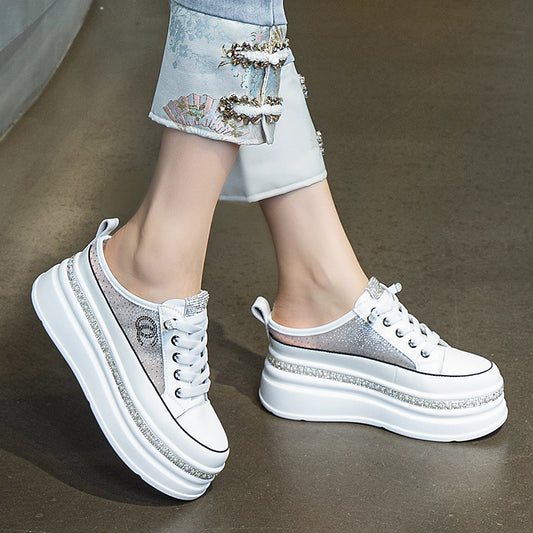 Women's Mesh Pearl Rhinestone Classic Style Leisure Thick-soles Slippers
