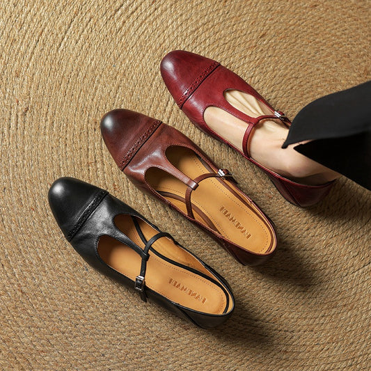 Women's First Layer Cowhide Retro Style Pumps Thick Women's Fashion Shoes