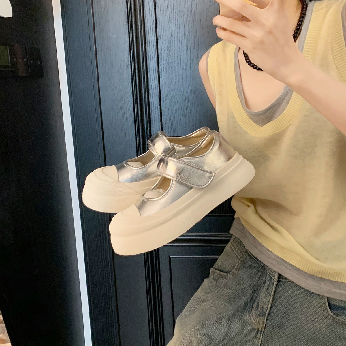 Women's Size To Velcro Big Head Muffin Platform Height Increasing Round Women's Casual Shoes