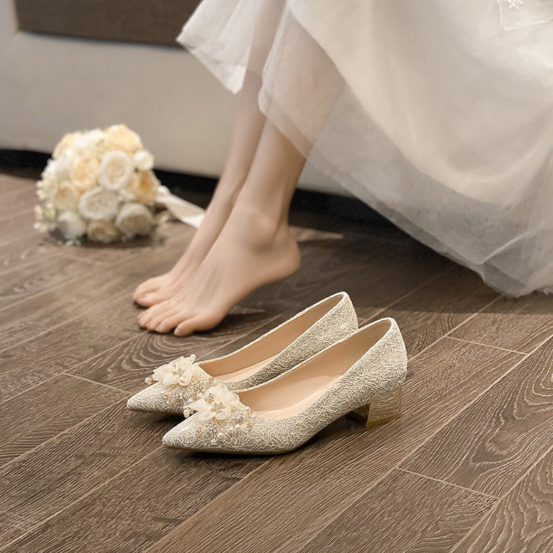 Women's French Style Wedding Dress Chunky Not Tired Feet High-grade Daily Heels