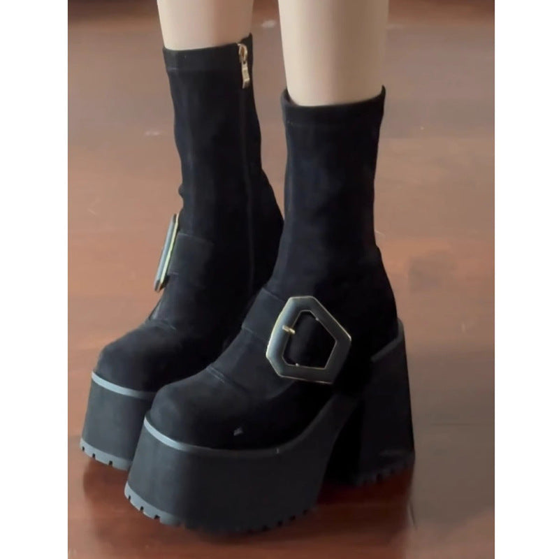 Thick Bottom Chunky Niche Short Female Hot Belt Buckle Waterproof Heels