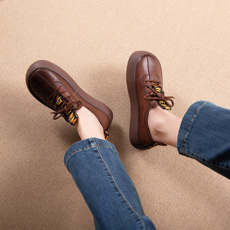 Women's Layer Cowhide Genuine Brogue British Style Casual Shoes