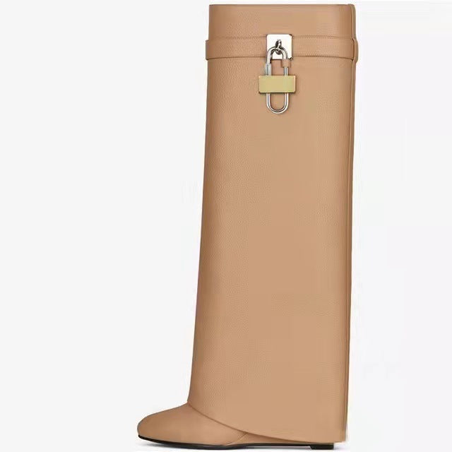 Women's Catch High Tube Pants Wedge Knight Height Increasing Insole Large Women's Leather Boots