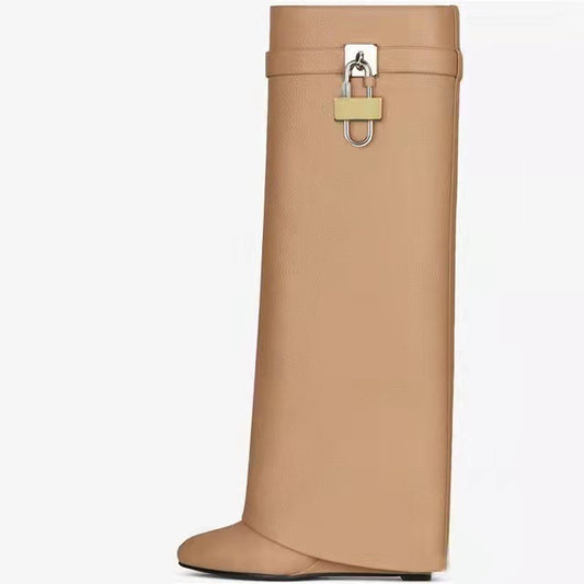 Women's Catch High Tube Pants Wedge Knight Height Increasing Insole Large Women's Leather Boots