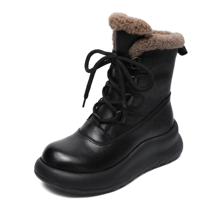 Women's Layer Cowhide Winter Lamb Fleece-lined Thickened Snow Boots