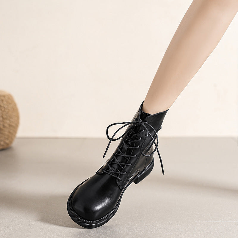 Women's For Fleece-lined British Style Thick Bottom Stretch Thin Booties Women's Leather Boots