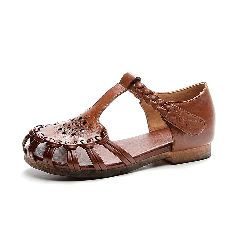 Women's Soft Bottom Hollowed Top Layer Cowhide Hollow Sandals