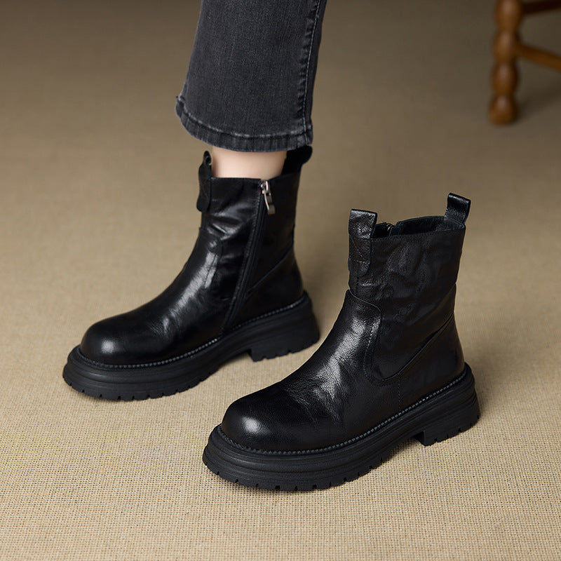 Women's Wool Cowhide Winter Fleece Lined Padded Warm Keeping Cotton Martin Women's Leather Boots