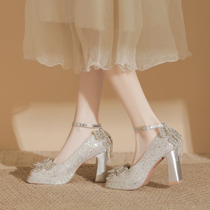 Chunky Flashing Wedding Dress Two-way Wear Not Tired Feet Square Women's Fashion Shoes