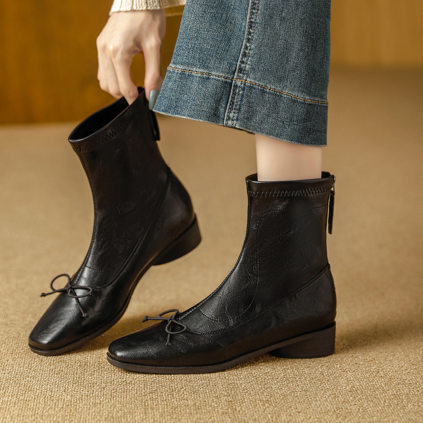 Women's Square Toe Booties Back Zip Soft Stretch Thin Women's Leather Boots