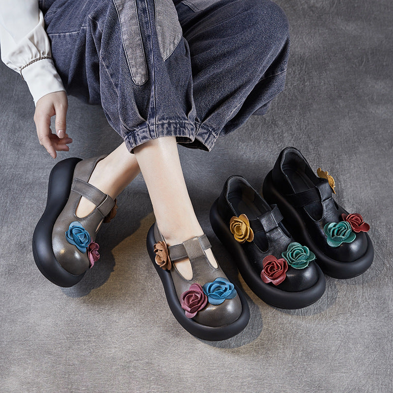 Women's Platform Flower Mary Jane First Layer Cowhide Men's Shoes