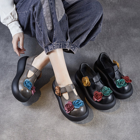 Women's Platform Flower Mary Jane First Layer Cowhide Men's Shoes