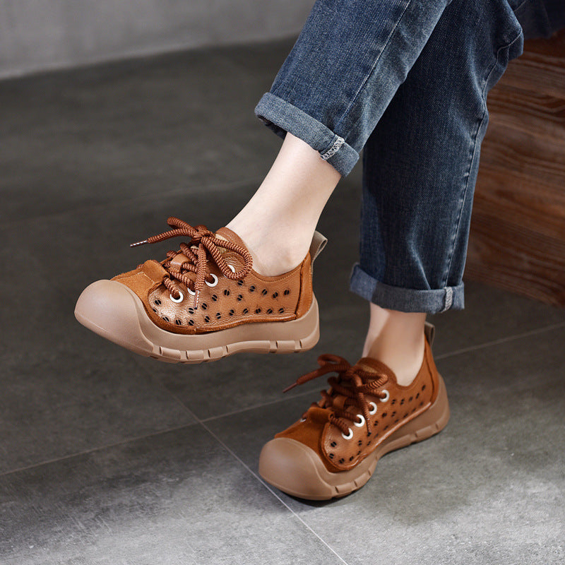 Women's First Layer Cowhide Closed Toe Hole Hollow Flat Retro Lace Platform Sandals