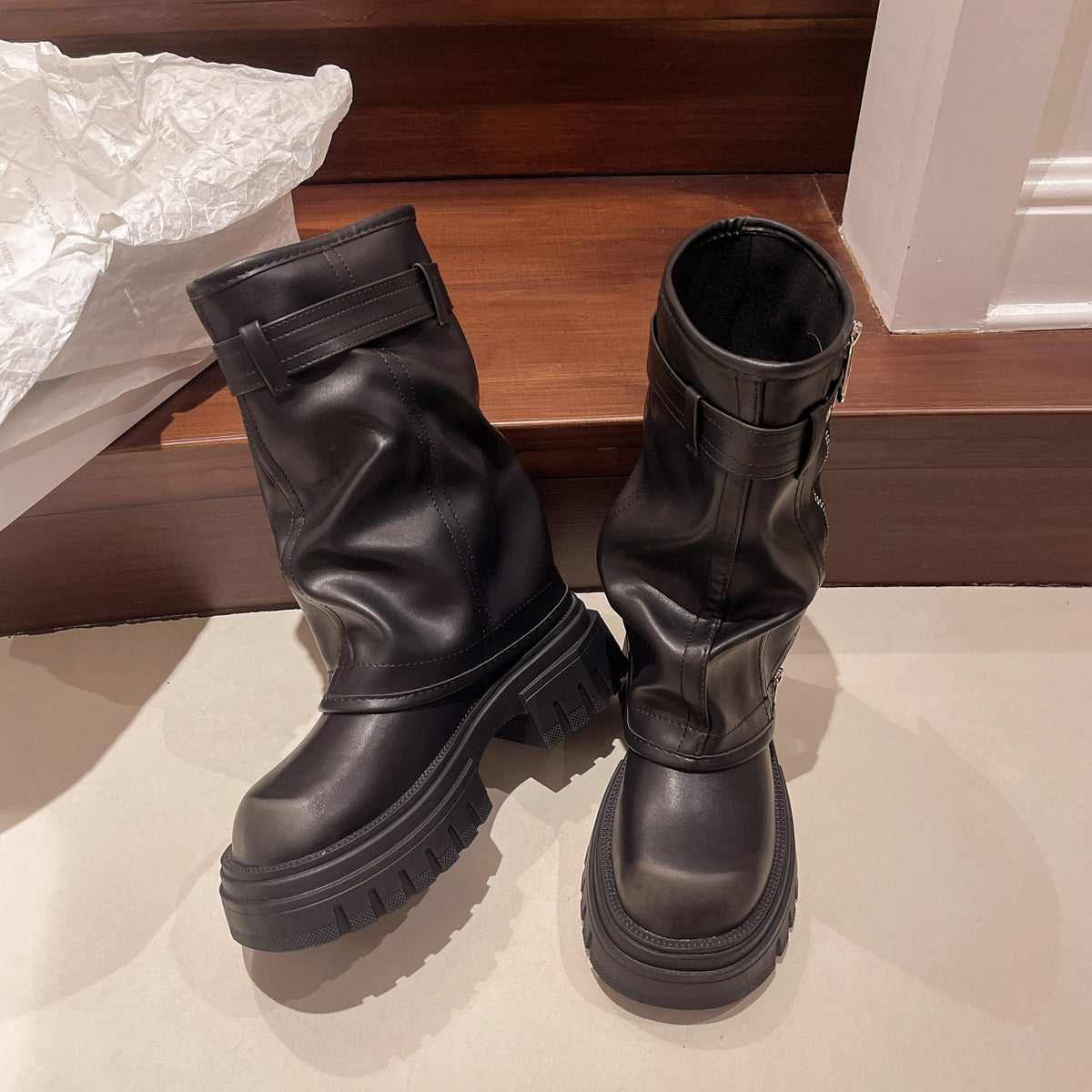 Women's Platform Martin Spring Chunky Retro Round Toe Side Women's Leather Boots