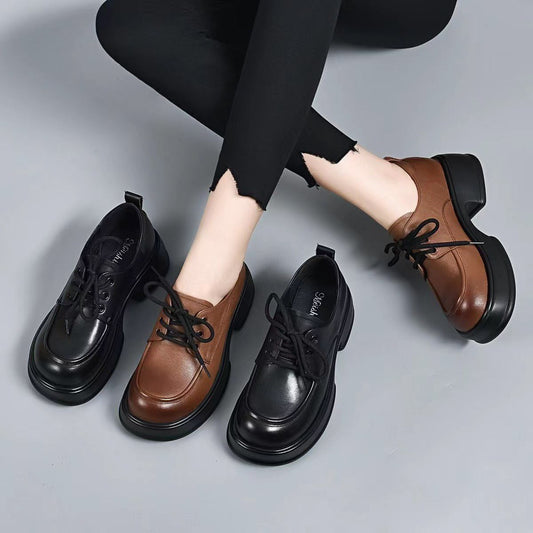 Women's Genuine Retro Lace Up British Style Increased Round Head Thick Loafers