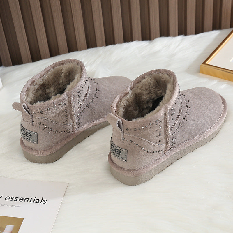 Women's Hot Drilling Round Head Plus Veet Warm Snow Boots