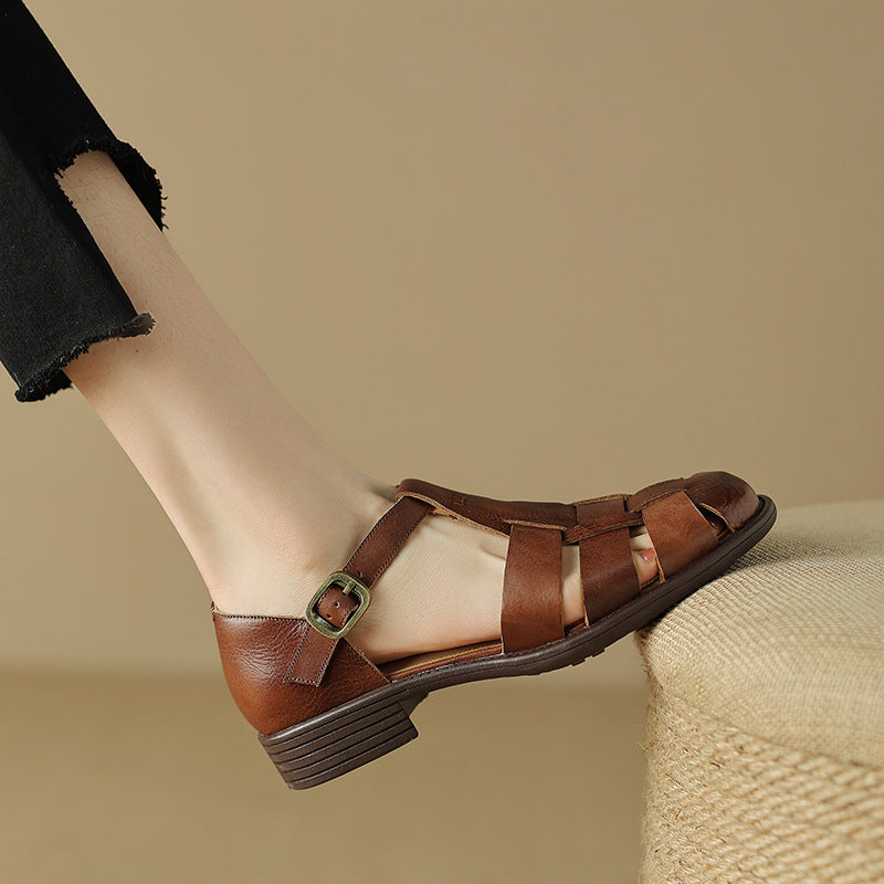 First Layer Cowhide Round Toe Low French Retro Roman Hollowed Flat Sandals