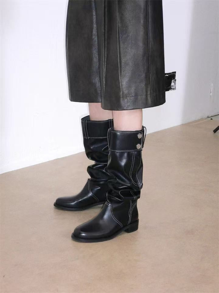 Version Black Vintage Button High Female Below The Knee Pleated Boots