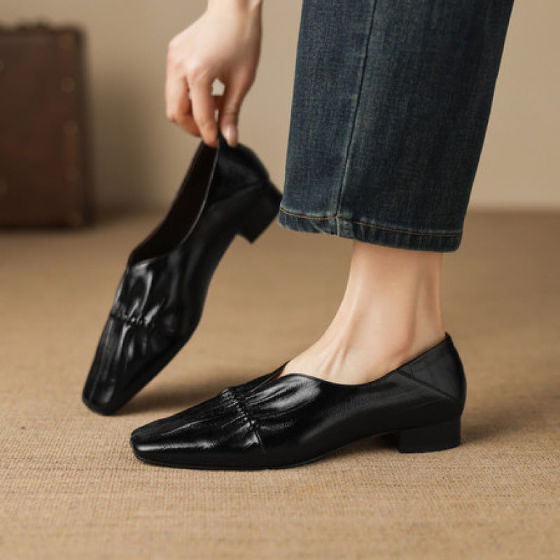 Women's French Vintage Style Square Toe Pleated Spring Pumps Slip-on Comfortable Leather Shoes