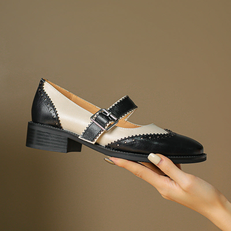 Women's Autumn Square Toe Mary Jane Burnt Leather Shoes