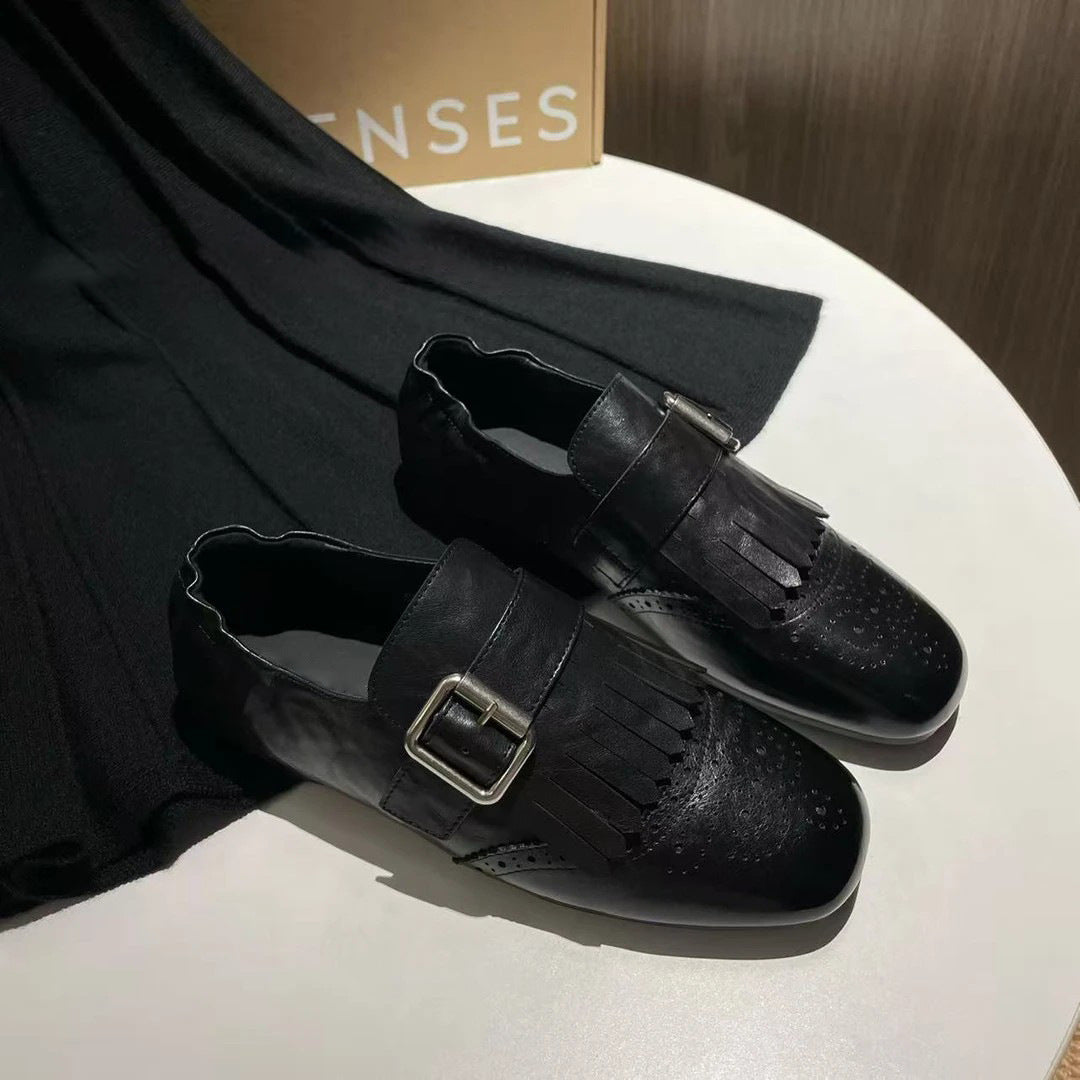 Women's Cowhide Square Head Carved Niche Tassel Spring Vintage Loafers