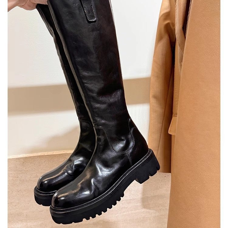 Women's Version High Quality Round Head Thick Bottom Chunky Slimming Long Women's Leather Boots