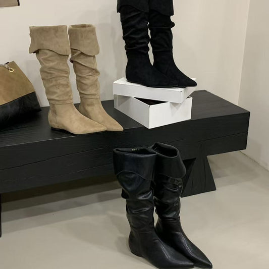 Women's Pointed Pleated Pile Style For Height Increasing Insole Elegant Slimming Boots