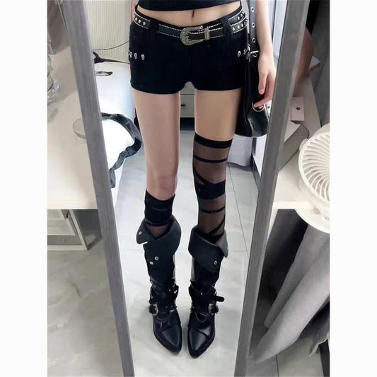 Women's Summer Hot Chunky Knight Black Punk Women's Leather Boots