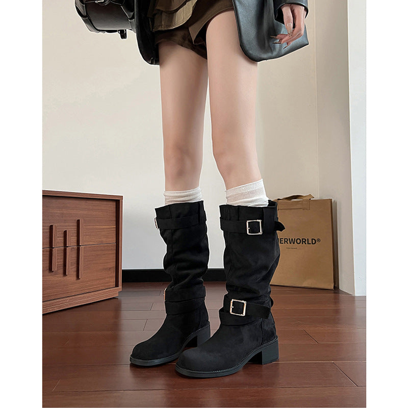 Women's Head Chunky Pile Style Genuine Long Suede Below The Knee Women's Leather Boots