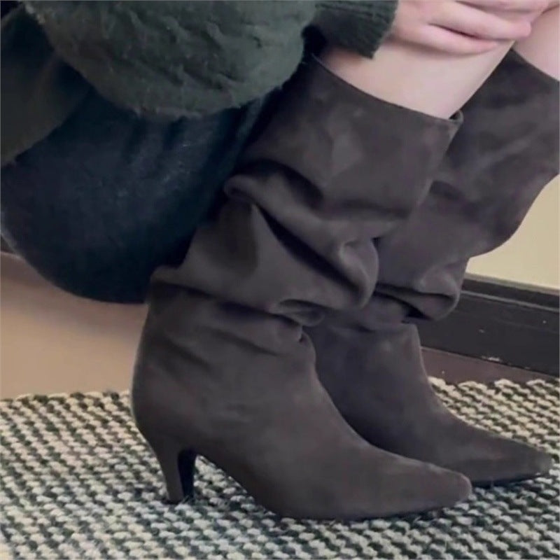 Women's Version Authentic Stiletto Pointed Pleated Pile Style For Slimming Versatile Boots