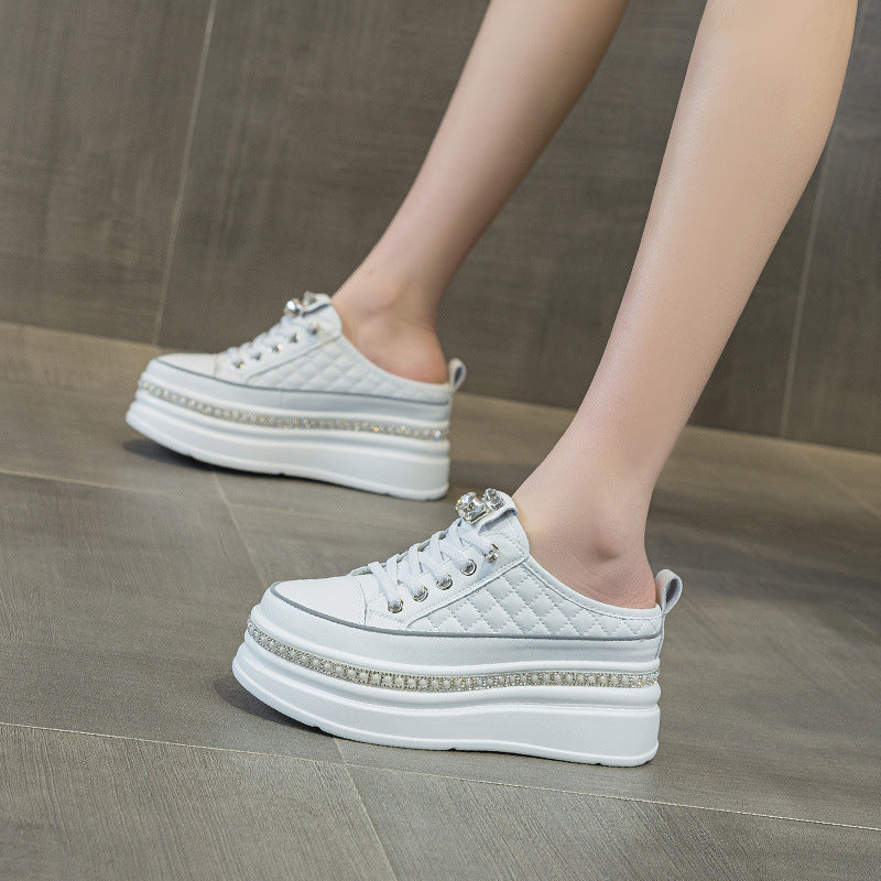 Women's Muffin Height Increasing Insole Pearl Rhinestone Classic Style White Women's Casual Shoes