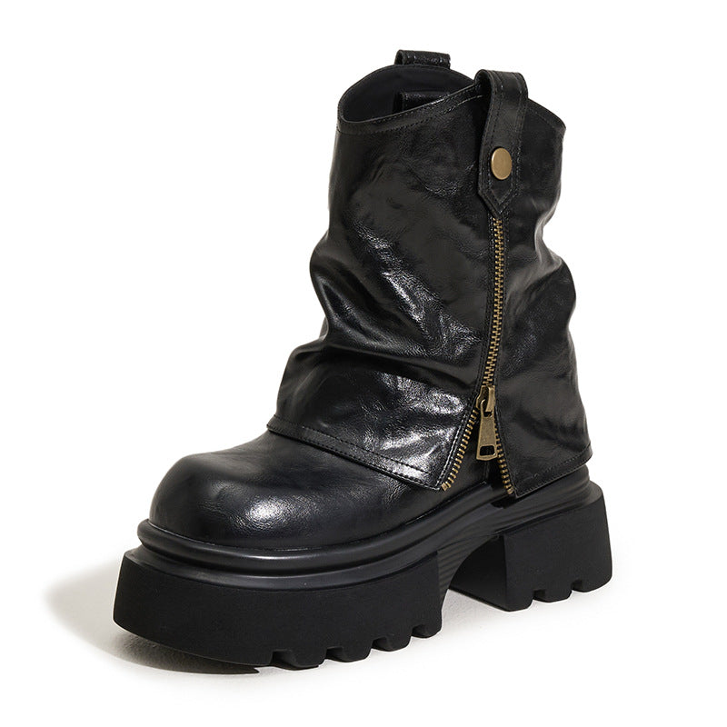 Women's Slip-on Mid Short Height Increasing Insole Women's Leather Boots