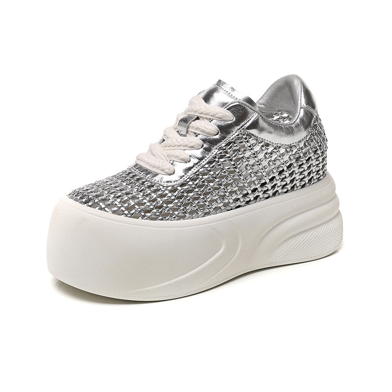 Women's White Thick-soled Summer Versatile Woven Sports Height Increasing Leisure Breathable Sneakers