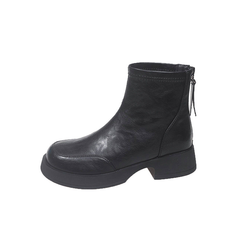 Women's Round Head Chunky Thin Short Back Zipper Increased Tube Women's Leather Boots