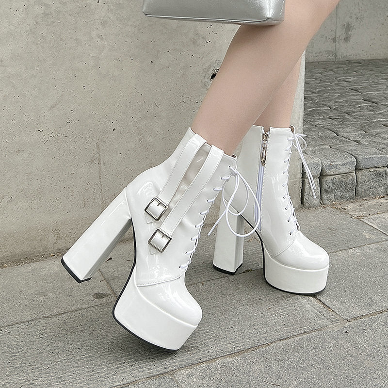 Women's Short Patent Round Head Thick Bottom Super High Front Martin Women's Leather Boots