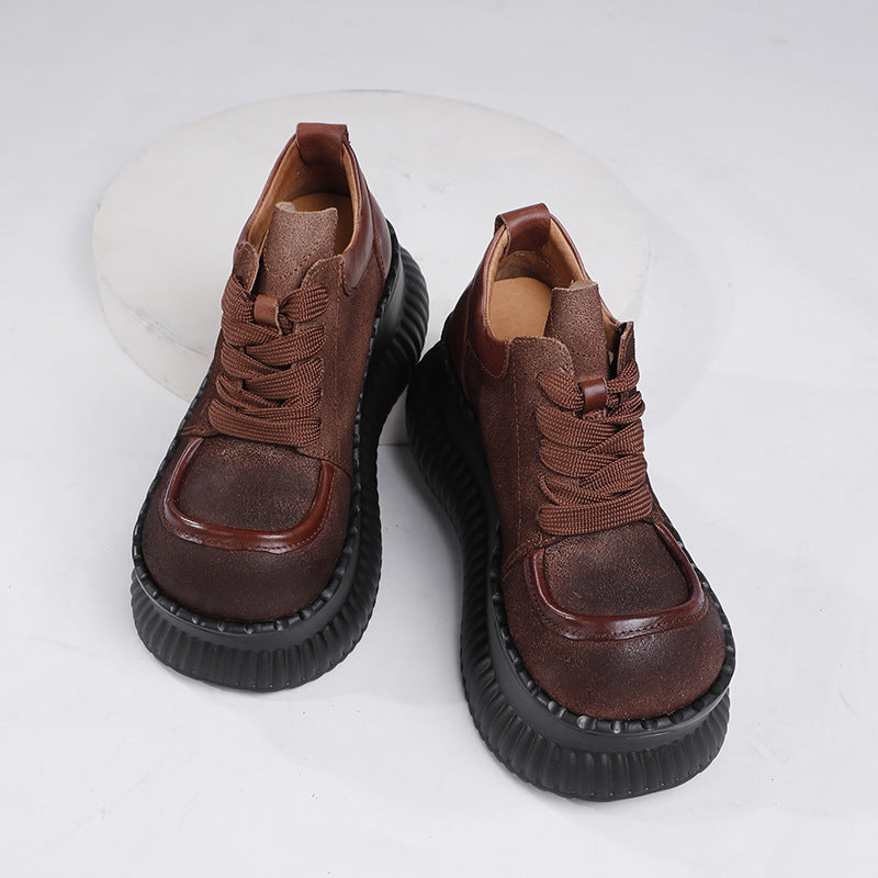 Cowhide Platform Wedge Low-cut Lightweight Handmade Casual Shoes