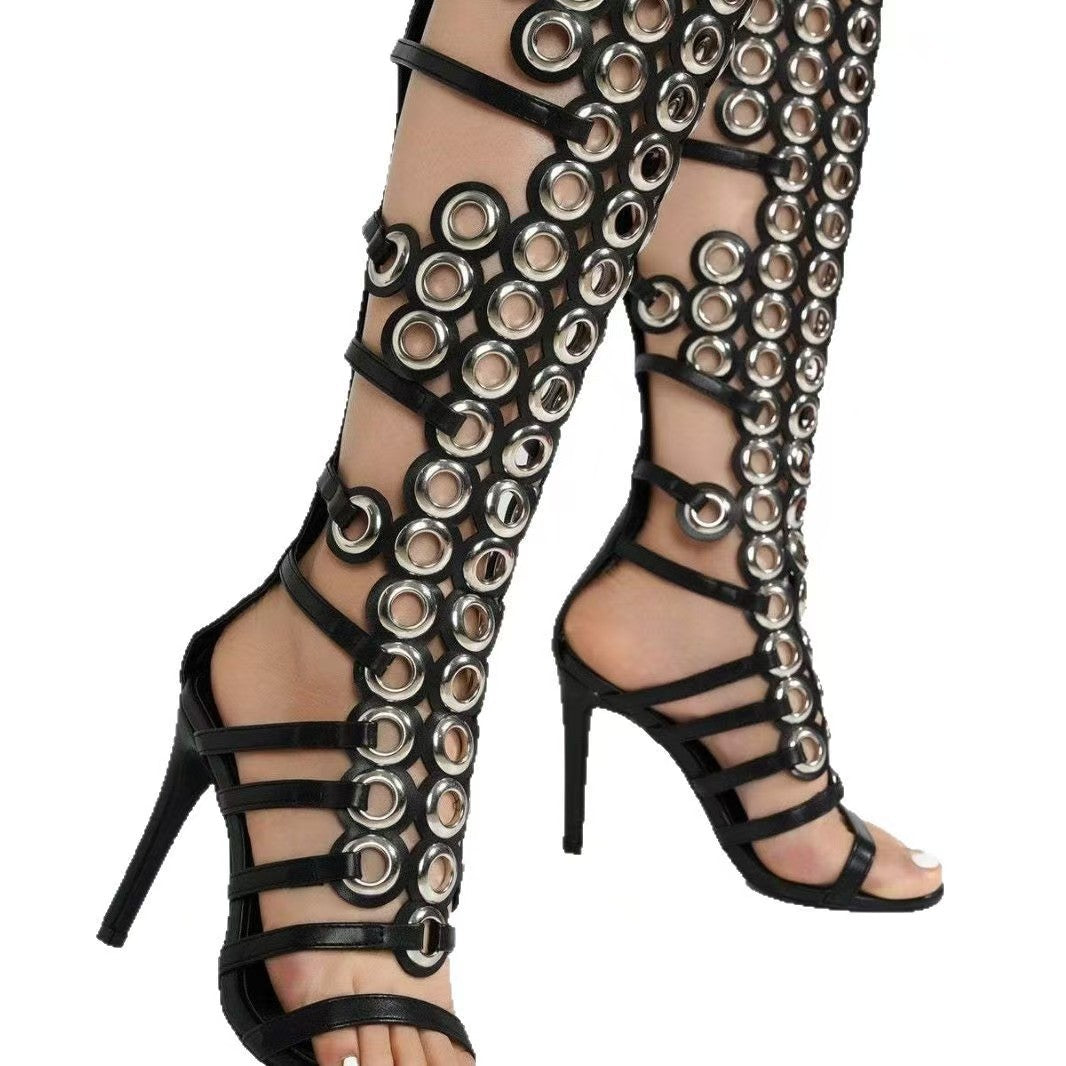 Fashion Metal Large Hollow Stiletto Open High Heeled Sandals