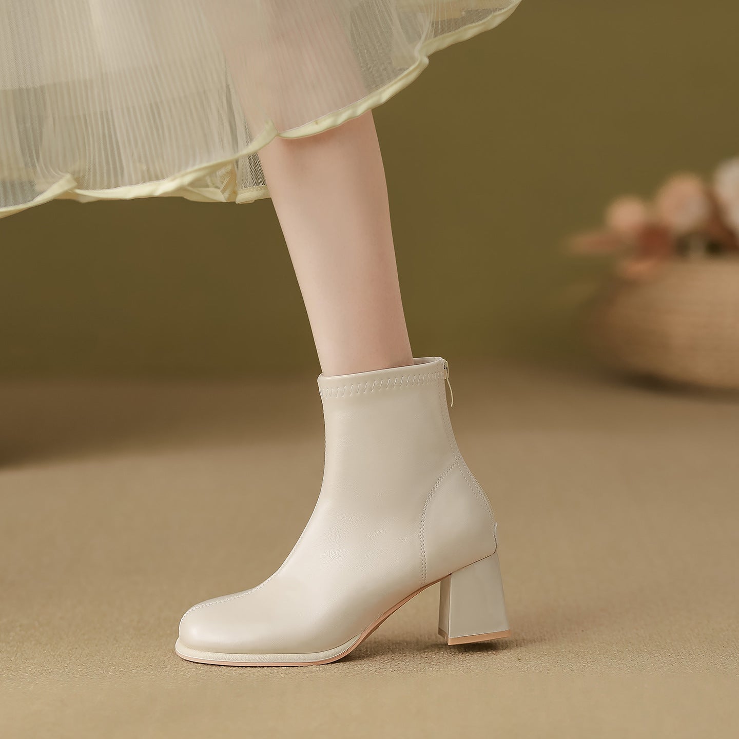 Women's Genuine White Chunky Thin High Short Stretch French Heels
