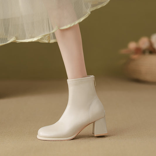 Women's Genuine White Chunky Thin High Short Stretch French Heels