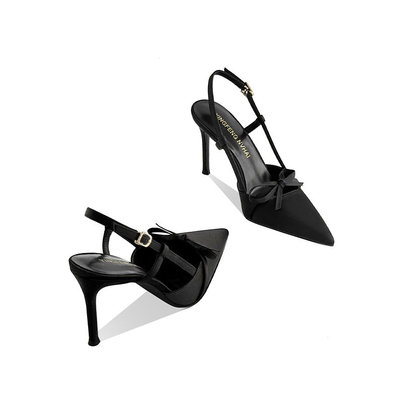 Style Satin Bow Design Sense Niche Wedding Hollow Closed Toe High Heeled Sandals