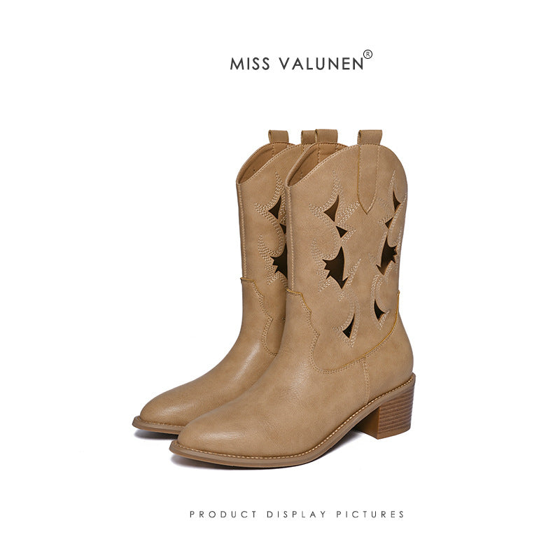 Women's Miss Warren Cowboy Pointed Toe Chunky Fashion Hollow Women's Leather Boots