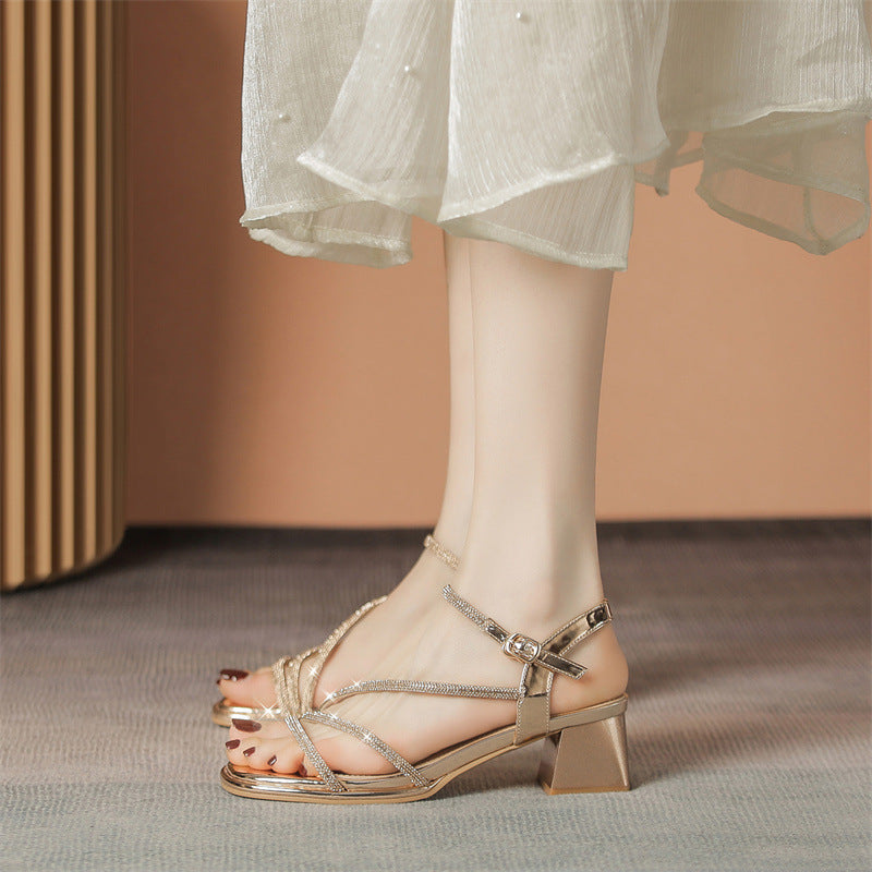 Women's Style Super Soft Rhinestone Summer Slip-on Chunky Two-way Women's Shoes